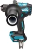 A close-up, front-facing view of a black and teal Makita cordless drill with a black auxiliary handle. Anteprima dell’immagine prodotto