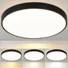 A collage of a black LED ceiling light with different light color temperatures shown in the bottom row. Produktbild-Vorschau