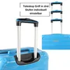 Close-up of a blue suitcase handle and telescopic handle, with an inset showing the top part of the suitcase. Produktbild-Vorschau