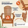 A wooden Adirondack chair with various feature callouts and branding. Produktbild-Vorschau