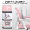 Marketing image showcasing the ergonomic features of a pink office chair. Produktbild-Vorschau