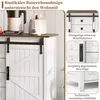 A close-up view of a white sideboard with sliding barn doors, showcasing its rustic design and hardware details, alongside inset images highlighting specific features. Voir les images du produit