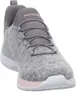 A close-up, front-facing view of a single gray and pink Skechers sneaker against a white background. Voir les images du produit