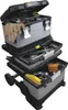 A multi-tiered rolling tool chest filled with various tools and a pair of work gloves. Voir les images du produit