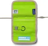 An open, flat lay view of a green pouch with tan trim, showing internal compartments and labels. Produktbild-Vorschau