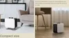 A compact heater is shown in two different home settings, next to furniture and on a wooden floor. Voir les images du produit