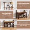 A collage of images showcasing a wooden coat rack with a shoe bench, highlighting its features and storage capacity. Produktbild-Vorschau