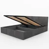 A dark grey upholstered bed frame with the mattress support mechanism lifted, revealing the storage space underneath. Produktbild-Vorschau