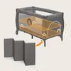 A baby crib/playpen with an overlay highlighting features and a separate foldable mat. Produktbild-Vorschau