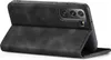 A black flip case for a smartphone is shown from a slightly elevated angle, with the front cover open. Produktbild-Vorschau