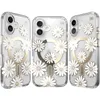 Three views of a clear iPhone case with a daisy design and a gold MagSafe ring. Podgląd zdjęcia produktu