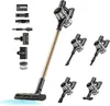 A cordless vacuum cleaner with multiple attachments is displayed against a white background, with smaller images of the vacuum's handheld unit shown in various configurations. Voir les images du produit