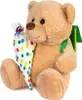 A plush teddy bear holding a cone-shaped bag and wearing a backpack. Produktbild-Vorschau