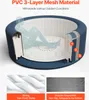 A cutaway view of an inflatable bathtub showing its layered material and a wireframe of a person inside, with close-up images of material texture and a ground mat at the bottom. Anteprima dell’immagine prodotto