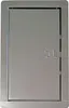 A stainless steel cleaning door, also known as a chimney or stokehole door, is shown in a front-facing view. The door has two rectangular handles and is set within a frame. Produktbild-Vorschau
