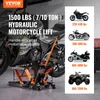 A motorcycle lift with a motorcycle on it, and images of different vehicles with their weight ranges. Produktbild-Vorschau