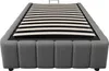 A grey upholstered bed frame with wooden slats, shown from a diagonal top-down view. Produktbild-Vorschau