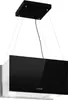 A black and silver island range hood suspended from the ceiling by wires. Náhľad obrázku produktu