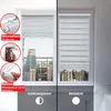 A split image showing two different ways to install and the transparency options of a roller blind. Produktbild-Vorschau