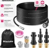 A product image showing a high-pressure hose and its accessories, with text detailing measurements and package contents. Produktbild-Vorschau
