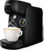 A black Bosch Tassimo coffee machine is shown with a cup of coffee. Produktbild-Vorschau
