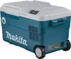 A teal and gray Makita cooler box with wheels, shown from a three-quarter front angle. Produktbild-Vorschau