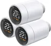 Three white smart radiator thermostats are stacked on a white background. Produktbild-Vorschau