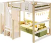A loft bed with a sofa underneath, decorated with stuffed animals and string lights. Produktbild-Vorschau