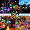 Mehrfarbige LED-Lichterkette mit strukturierten Globus-Birnen, gezeigt in vier verschiedenen Innen- und Außenbereichen Produktbild-Vorschau