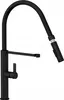 A black kitchen faucet with a pull-out spray head is shown against a white background. Podgląd zdjęcia produktu