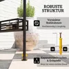 A close-up view of a black metal frame structure with text overlays highlighting its features and construction. Produktbild-Vorschau
