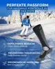 A skier on a snowy slope with a product image of ski socks overlaid. Produktbild-Vorschau