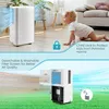 A collage showing a baby crawling near a dehumidifier and a close-up of the dehumidifier with its filter removed. Produktbild-Vorschau