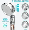 A shower head with multiple spray settings and water-saving features is displayed with illustrative graphics and text. Produktbild-Vorschau