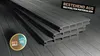 A stack of grey composite decking boards on a wooden floor, with marketing text and a circular graphic. Produktbild-Vorschau