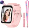 A pink smartwatch is displayed with a video call on its screen, showing two people. Accessories are also shown next to it. Voir les images du produit