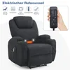 A dark gray electric massage chair with various features highlighted by icons and text. Produktbild-Vorschau