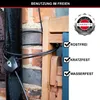 A close-up of a black cable lock wrapped around a black pipe and a wooden chair leg, with marketing text and a warranty badge on the right. Podgląd zdjęcia produktu
