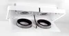 A white range hood with two circular filters inside, shown in an open state. Produktbild-Vorschau