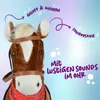 A close-up marketing image of a plush horse toy with text overlays indicating sounds. Podgląd zdjęcia produktu