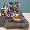 A bedroom scene with a bed featuring Super Mario bedding, a plush toy, and decorative items on a shelf. Produktbild-Vorschau