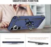 A person's hands are holding a blue phone case with a ring stand, with additional product feature images below. Produktbild-Vorschau