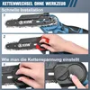 Instructional images showing how to change and adjust the chain tension on a mini chainsaw. Produktbild-Vorschau