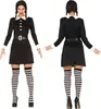 A woman wearing a black dress with white collar and cuffs, black belt, and striped thigh-high socks, shown from the front and back. Produktbild-Vorschau