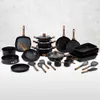 A collection of granite-coated cookware and kitchen utensils arranged on a textured background. Náhled obrázku produktu