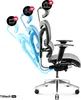A black and gray ergonomic office chair is shown with blue overlays indicating different reclining angles and associated activities. Anteprima dell’immagine prodotto