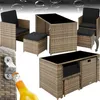 A collage of images showing a rattan furniture set, including chairs, ottomans, and a table, along with a bottle opener and a bottle of beer. Produktbild-Vorschau