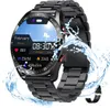 A black smartwatch with a metal band is shown with water splashing around it. Produktbild-Vorschau