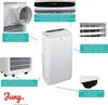 A collage of images and text describing the features of a white portable air conditioner. Produktbild-Vorschau