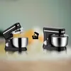 A collage showing two black kitchen mixers with silver bowls, one open and one closed, with a small icon of a mixer in the center. Produktbild-Vorschau